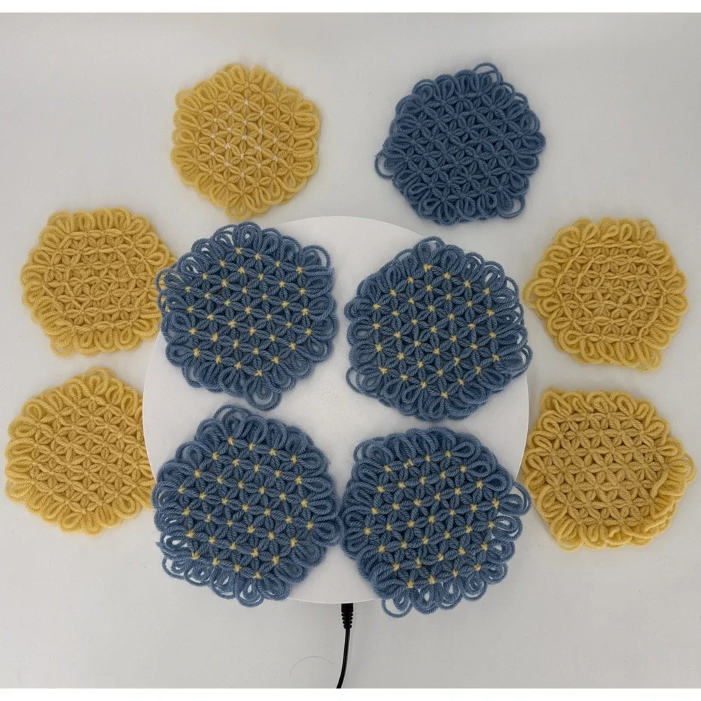 Vtg Handmade Loom Crochet Coasters-4 Blue/Yellow-1 Blue-4 Yellow-1 Yellow/White‎